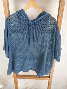 NWT Beau Jours by Chalet BLUE Mesh Hooded Open Weave Top Lagenlook Size M